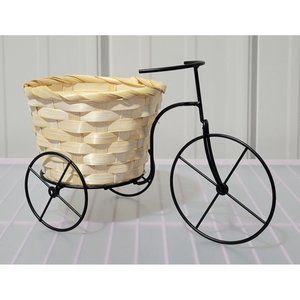 Tricycle Shaped Black Metal Frame & Wicker Basket Home Decor Planter 9" Length